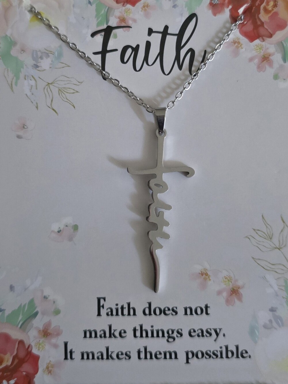 Faith Script Cross Pendant Necklace - Silver Tone